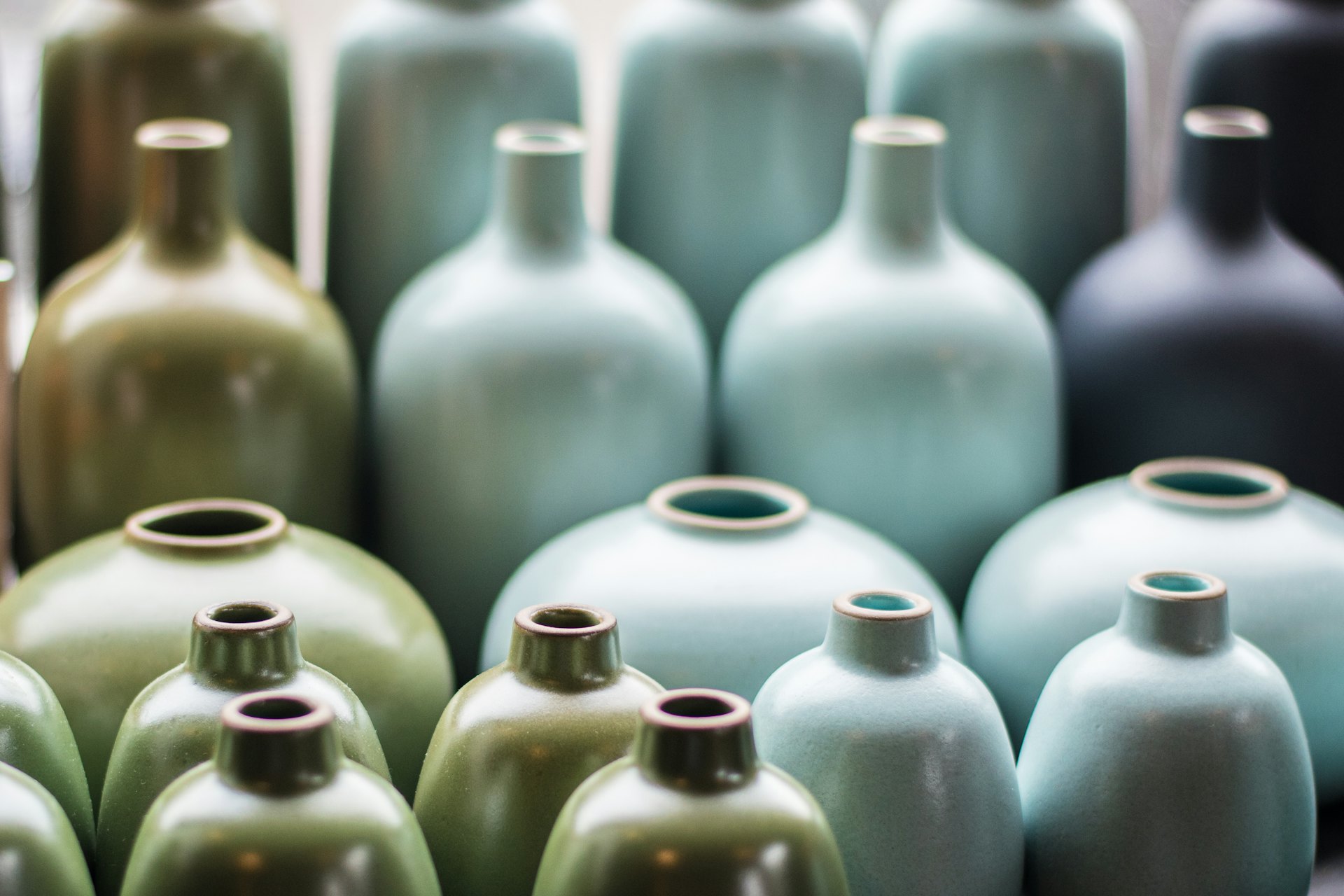 Glazed stoneware bottles in sage, celadon and slate